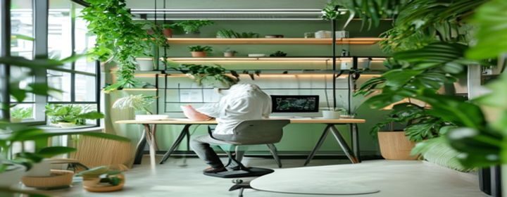 肉书屋创作者在现代简约工作台前专注写作，青柠绿植物装点，创意氛围浓厚